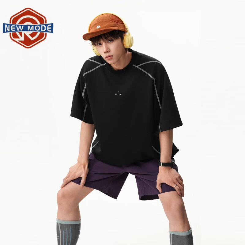 NEW OR MODE美式潮牌肌理感短袖t恤男夏季新款明线撞色设计感圆领户外运动T恤 黑色【高品质】 M 【建议90-110斤】