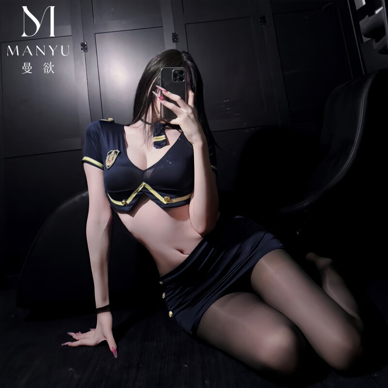性感纯欲女警短裙套装空姐制服火辣诱惑qqny睡衣 蓝色+黑油光袜 均码 【建议80-120斤】