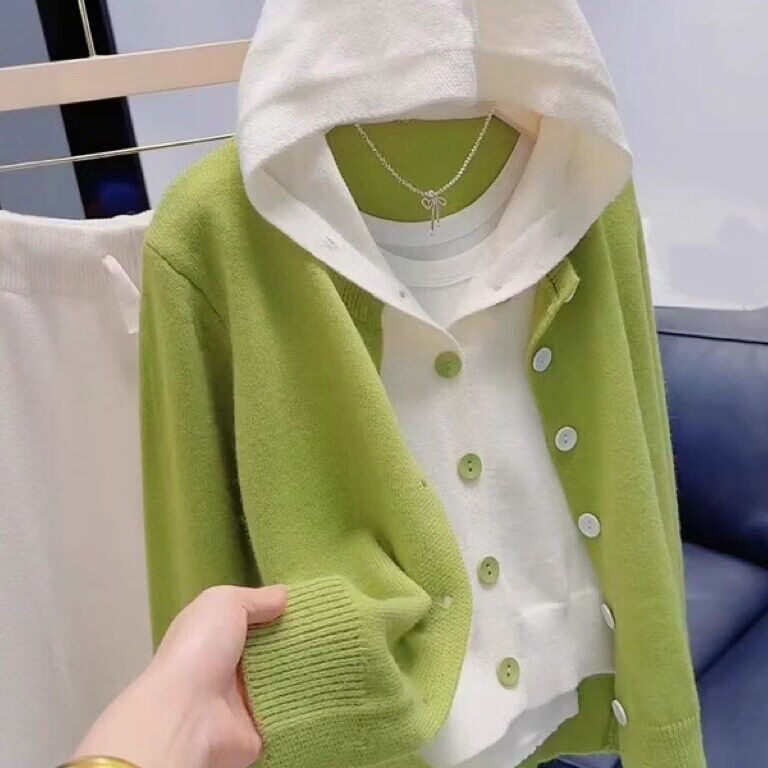 新款设计感连帽假两件针织衫女春季大码洋气毛衣开衫显瘦长袖上衣 绿色 2XL 【建议125-135斤】