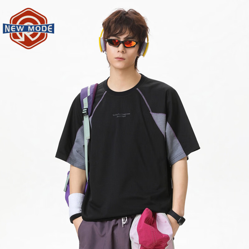 NEW OR MODE重磅哈苏线撞色圆领t恤男夏季潮牌垂感运动短袖高街宽松半袖T恤衫 曜石黑【高品质】 M 【建议90-110斤】