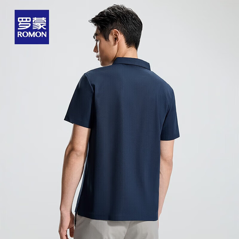 罗蒙（ROMON）华夫格高弹短袖t恤男冰丝弹力T恤中青年男士纯色翻领polo 深蓝 2XL (185) (建议155-175斤)