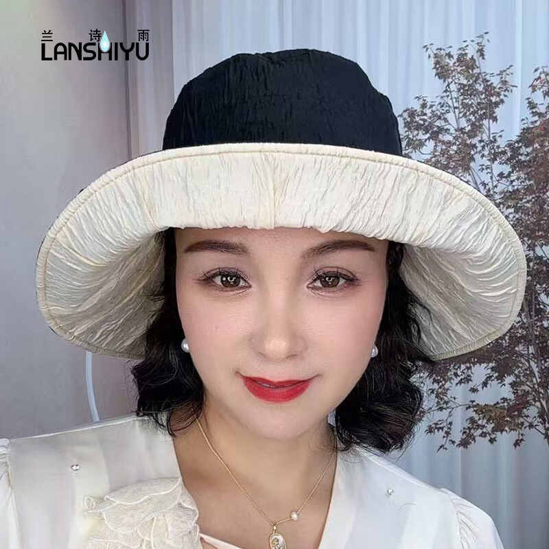 兰诗雨遮阳帽女双面戴渔夫帽夏季防晒帽遮脸太阳帽时尚百搭帽子 黑色+米白色 大头围（58-62CM）