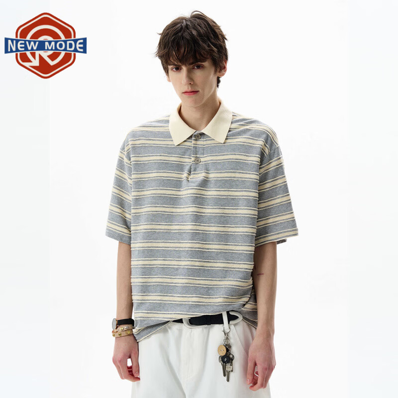 NEW OR MODE美式撞色条纹polo衫男士夏季新款宽松复古通勤休闲百搭短袖t恤衫 灰色【高品质】 M 【建议90-110斤】