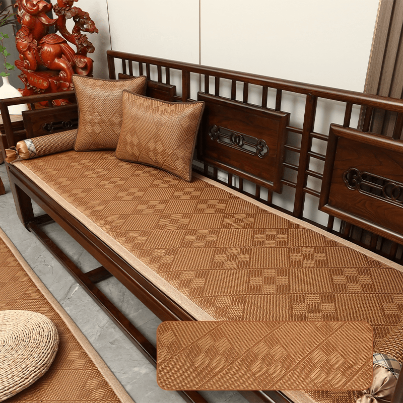 正圣新中式红木藤席沙发垫四季通用防滑2026年新款夏季凉席坐垫加厚 驼色九宫格 单座50*50cm【厚度2.5cm】