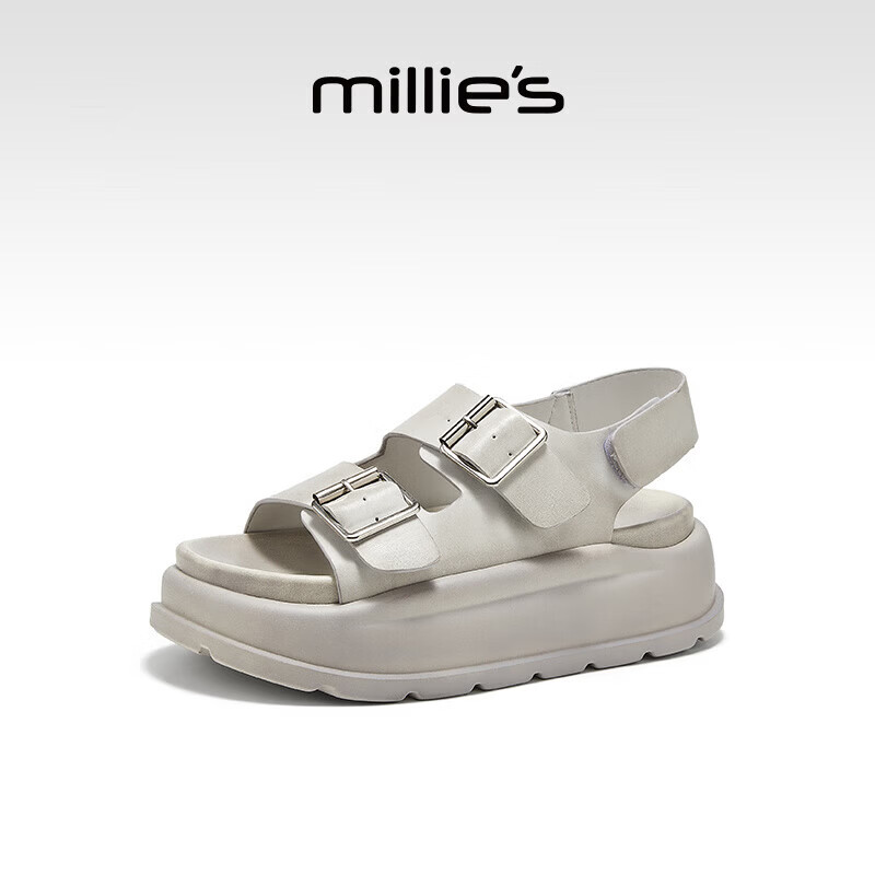 妙丽（Millies）勃肯运动凉鞋女休闲百搭沙滩鞋厚底增高学生2025年夏季新款凉拖 米色 37 (235mm) 标准码