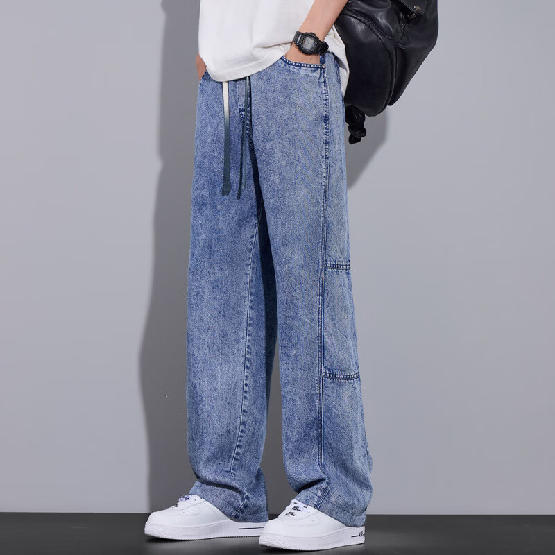 春夏季超薄工装牛仔裤美式潮牌阔腿百搭休闲裤直筒宽松垂顺裤sph 牛仔蓝 XL 建议135-155斤