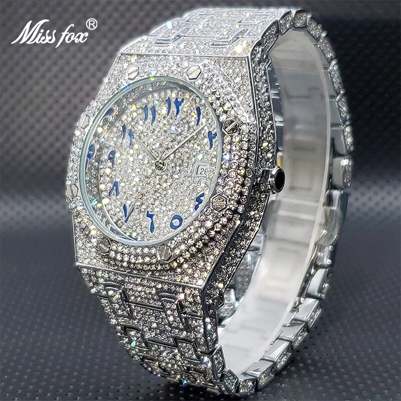 MISSFOX金色石英阿拉伯数字表面满钻男士手表绅士腕表时尚 V301石英