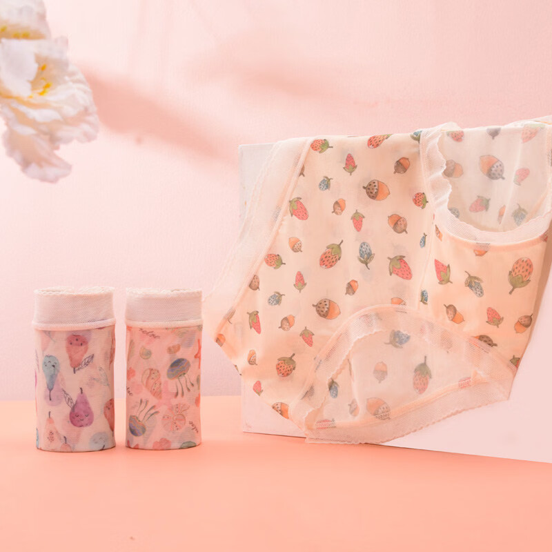 阪织屋（Bandgewoo）无痕内裤女士10A抗菌26新款舒适透气甜美印花网纱中腰三角裤 【桑蚕丝底裆3条装】柿子黄+枫叶橘+柳珊瑚 L 【推荐115-135斤】