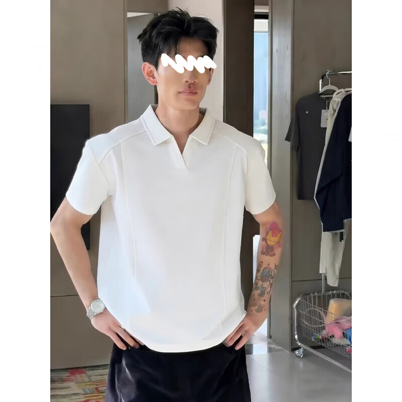 POUM白花灰美式翻领短袖Polo衫男款夏季boxy版型t恤感内搭半截袖 CLF-T212白灰色 XL