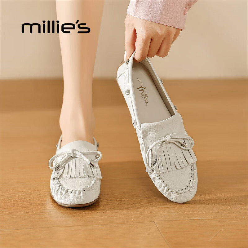 妙丽（Millies）乐福鞋女平底复古时尚2026春季新款百搭舒适通勤小皮鞋 米白色 35 (225mm)