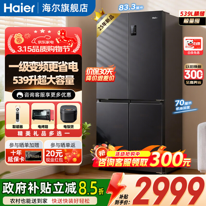 海尔（Haier）冰箱539升十字四开门 一级能效变频节能 黑金净化抗菌 母婴三挡变温 大容量家用电冰箱 539升大容量+一级能效更省电+黑金净化抗菌