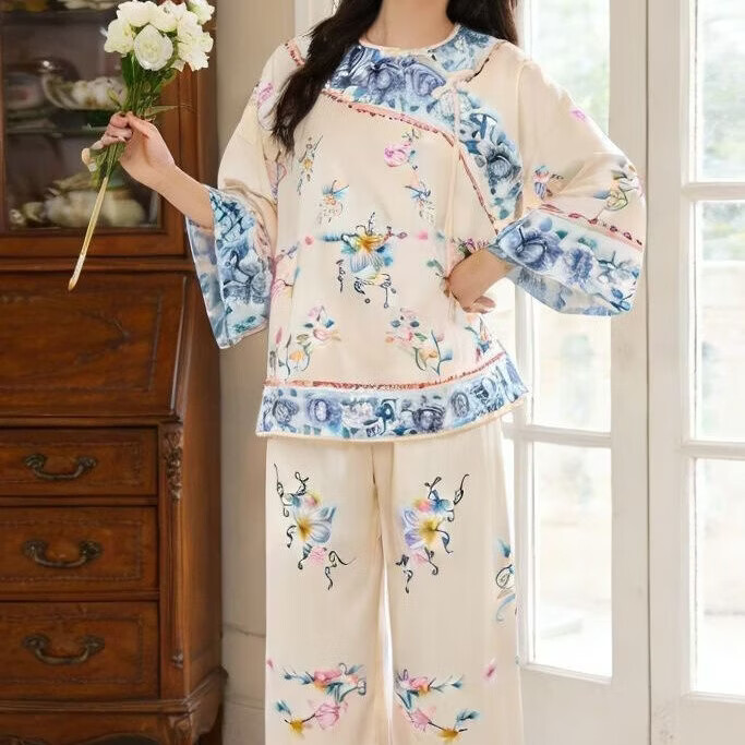 新中式国风睡衣套装2026年新款冰丝宫廷风轻奢女士春夏家居服套装 313黄 3XL （建议160-180斤）