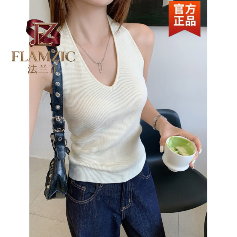 法兰芷(FLAMZIC)2026春夏新款白色挂颈吊带背心无袖打底气质百搭内搭挂脖上衣 流沙白 M