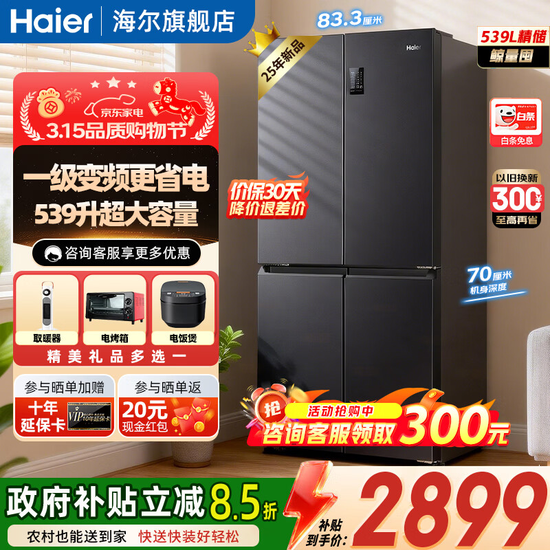 海尔（Haier）冰箱539升十字四开门 一级能效变频节能 黑金净化抗菌 母婴三挡变温 大容量家用电冰箱 539升大容量+一级能效更省电+黑金净化抗菌