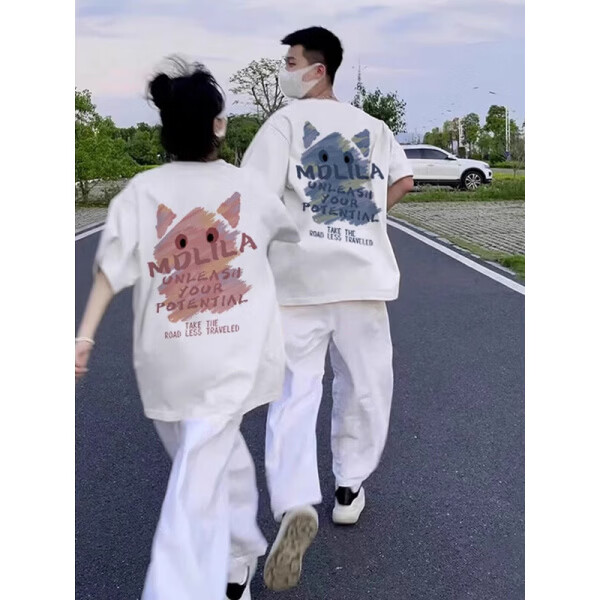梵姿缇《2件装》情侣装夏季短袖t恤套装2025新款一男一女宽松半袖衣服  男白+女白 S M 男+女