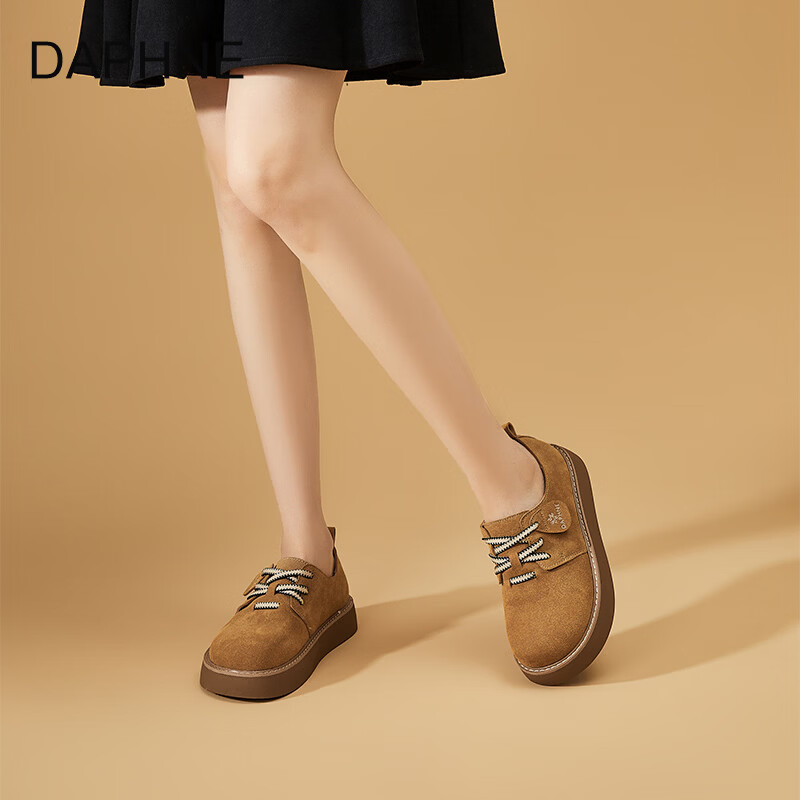 DAPHNE达芙妮乐福鞋女2026春季新款复古风潮流厚底增高百搭系带舒适勃肯单鞋 驼色 40