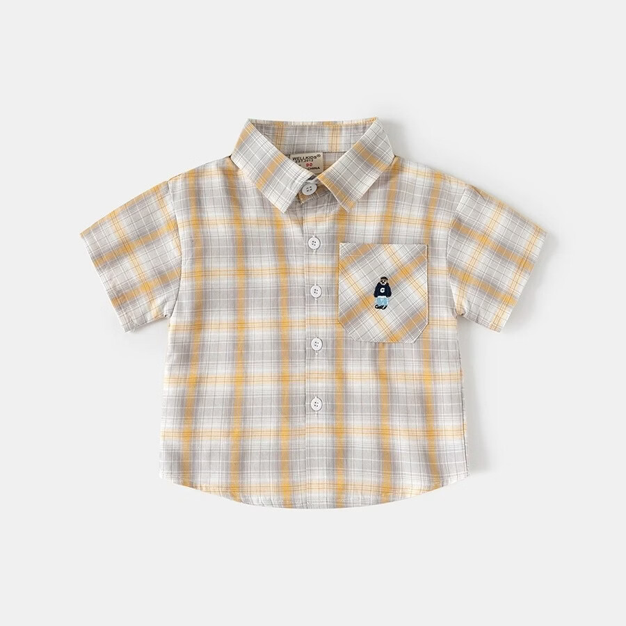 男童短袖衬衫2026夏装儿童半袖衬衣宝宝格子卡通刺绣上 黄格 90 cm