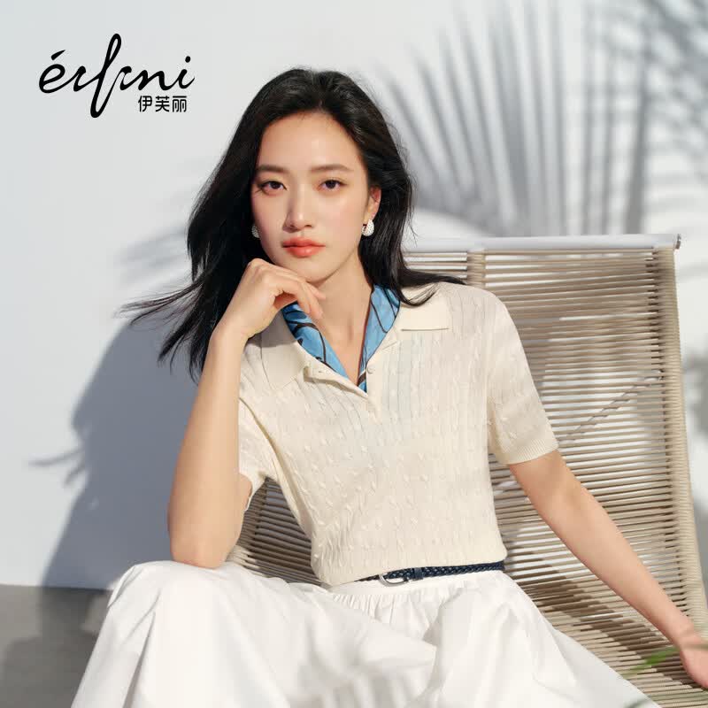 伊芙丽（eifini）秦岚代言伊芙丽三醋酸莱赛尔经典绞花毛衫女POLO领针织衫2026新款 米白 POLO套头衫 M 105-115斤