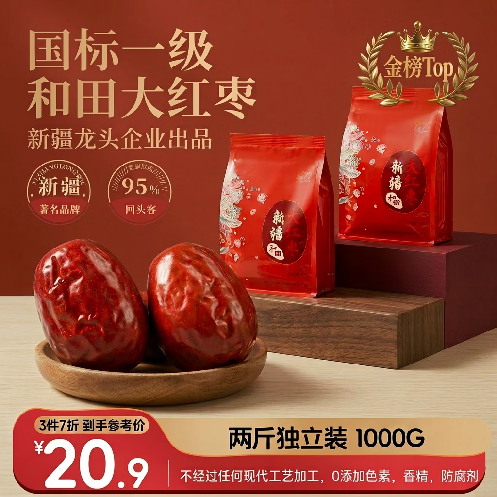 新边界新疆和田免洗大红枣1000g 2025新枣零食一级骏枣子特产零食果干