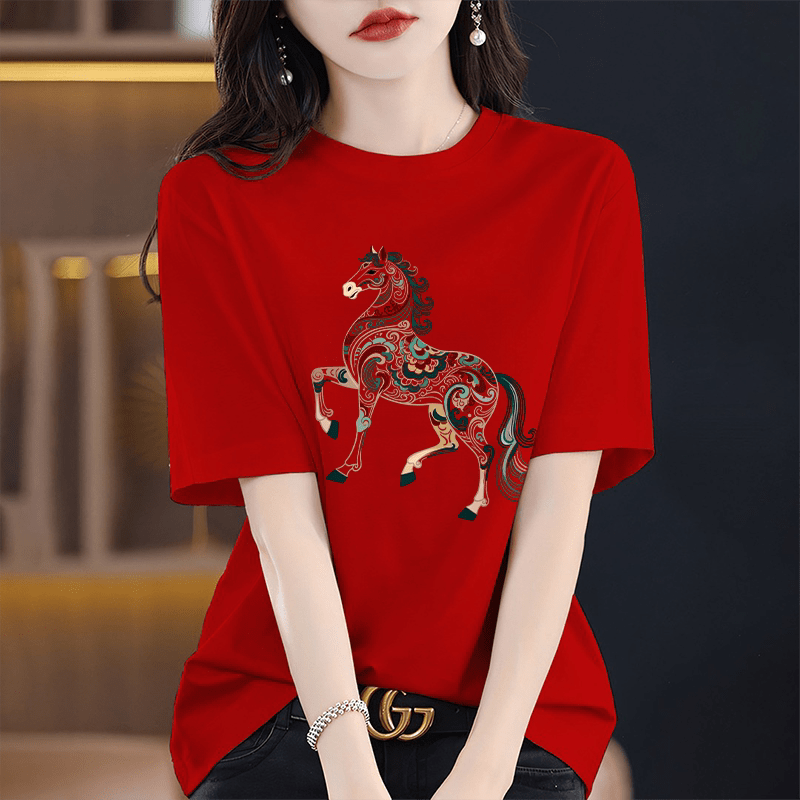 MODX香港潮牌棉红色短袖恤女马年本命年马图衣服2026新年打底上衣 红色-彩绘马图 S