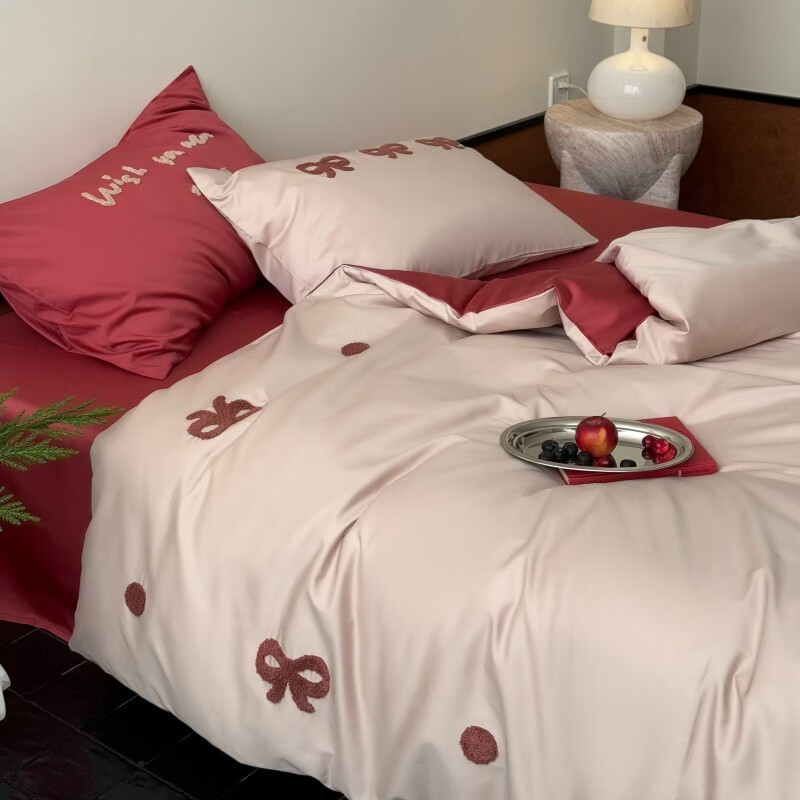 ROLAND LIVE 床上用品四件套长绒棉全棉床单被罩床品纯棉1.8米床毛巾绣透气 LB 长绒棉套件-绯红情书 1.2米床 床单款 【被套150*200cm】