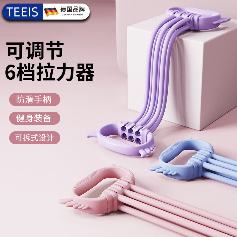 TEEIS德国弹力带绳健身拉力绳带器力量训练普拉提臂力开背肩女健身器材 梦幻紫【升级6管加粗】