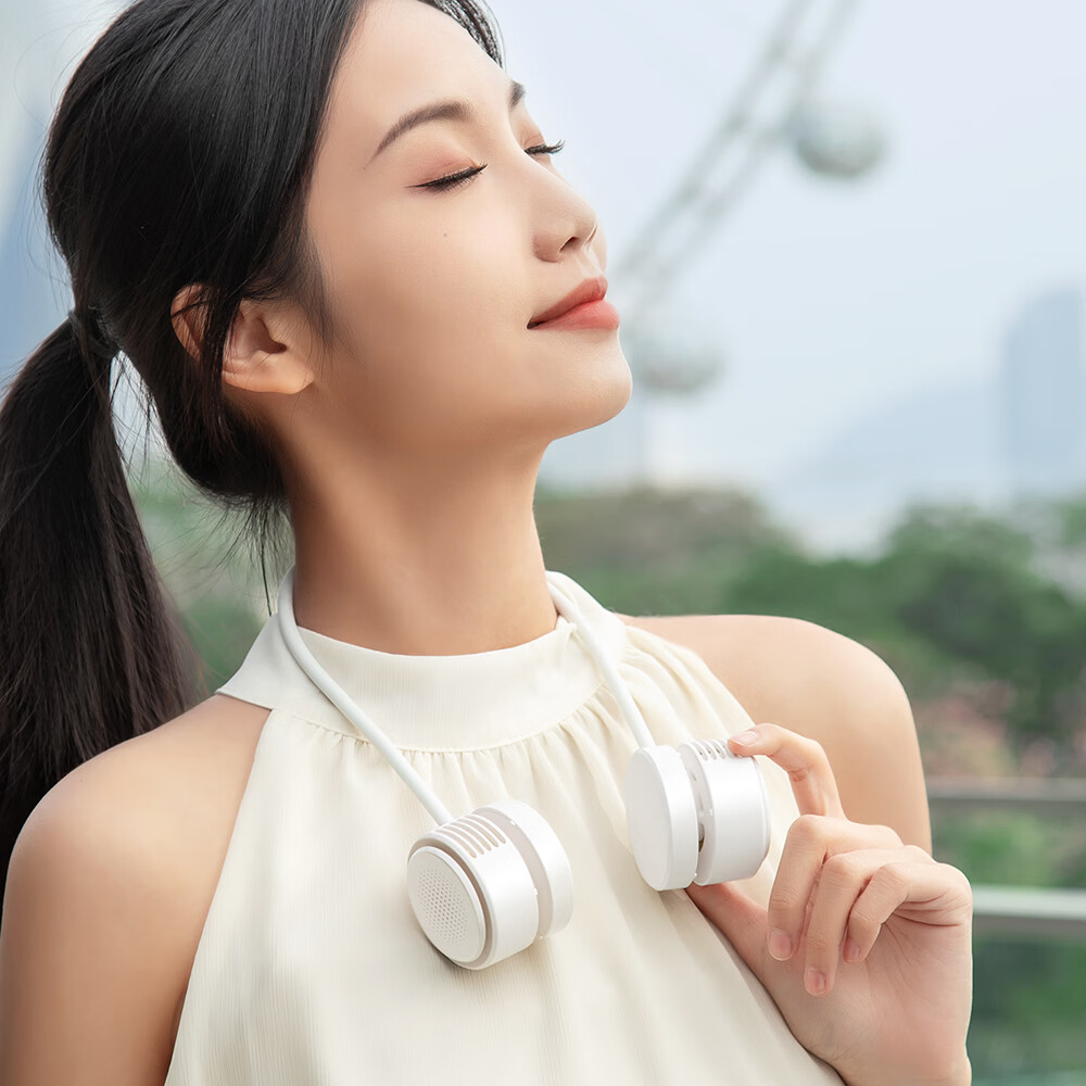 千喻挂脖懒人风扇迷你充电无叶收纳便携式usb颈脖子小型新款小风扇 QYF019冰川白