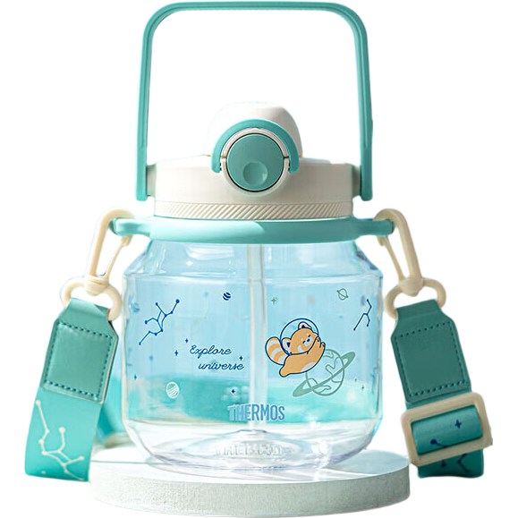 膳魔师儿童水杯奇妙世界运动水壶宝宝水杯幼儿园喝水杯学生上学直饮杯子 吨吨桶1200ml 蓝绿色（赠肩带）