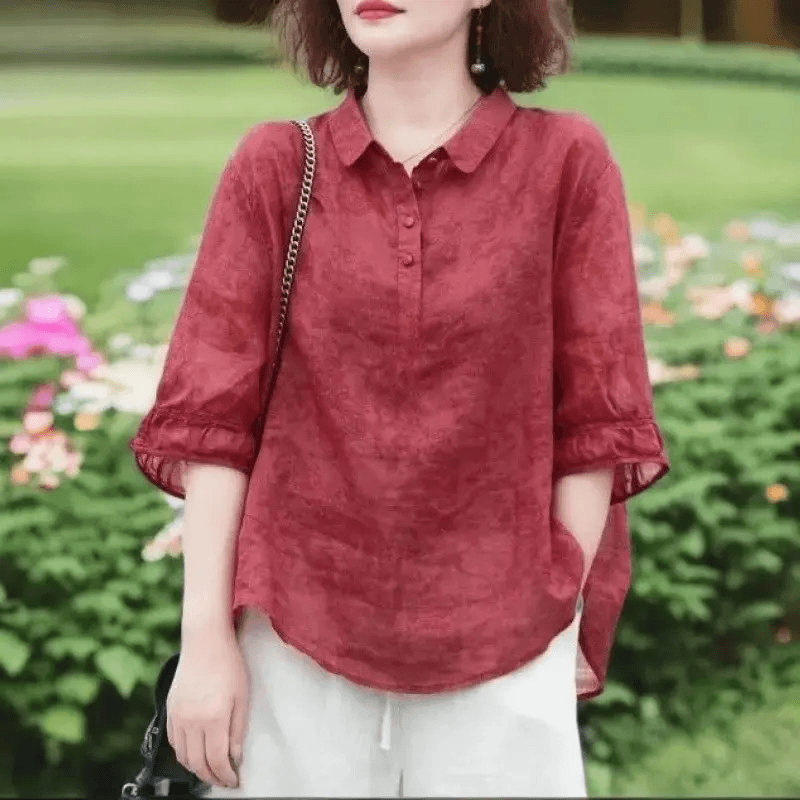 【轻奢品质】夏装精仿天丝T恤洋气上衣新款中年女装中袖麻棉衬衫W 朱砂红 3XL (建议120-135斤)