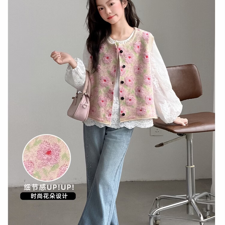 女童毛衣开衫春秋季新款儿童针织马甲两件套 粉色 马甲加衬衫 170