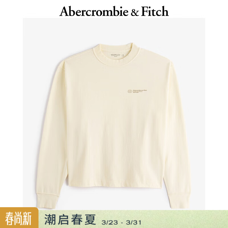 Abercrombie &amp; Fitch美式复古舒适百搭做旧LOGO长袖T恤春夏男装123-4080 奶油色 S (175/92A)