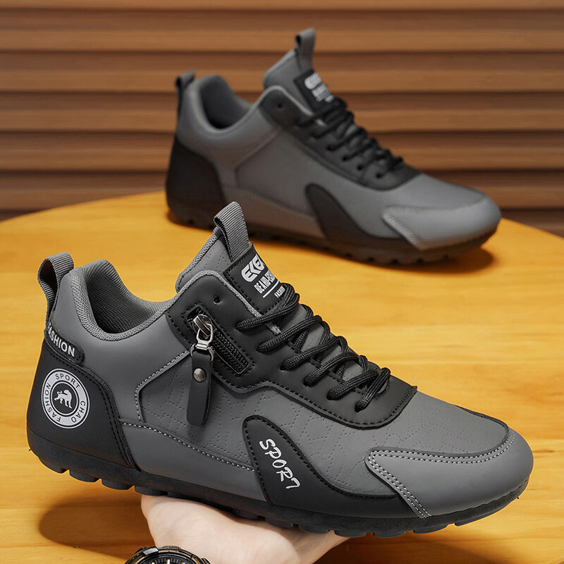 2026春新款男士皮面舒适一脚蹬休闲时尚百搭防滑耐磨运动鞋开车鞋 黑灰 41