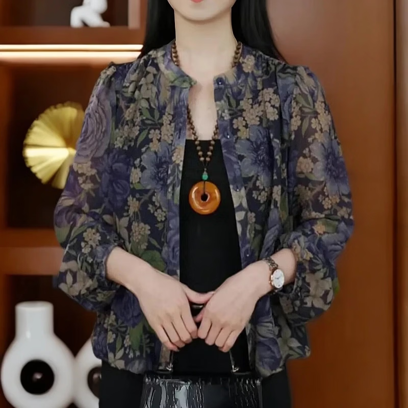 【轻奢爆款】春夏新款减龄牡丹花显瘦开衫百搭气质透气防晒上衣女 紫牡丹花 5XL （150-165斤）