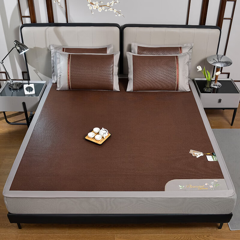 恒源祥藤席A类冰丝凉感藤席加厚艾草舒适贴身学生宿舍卧室居家凉席套件 黑咖【床笠款】 三件套200cm*220cm【一席二枕套】