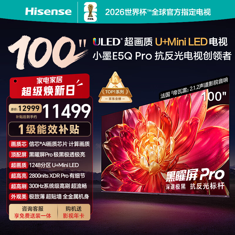 海信电视小墨E5Q Pro 100吋 1248分区U+MiniLED 信芯芯片极黑极透黑曜屏Pro国家补贴世界杯100E5Q-PRO