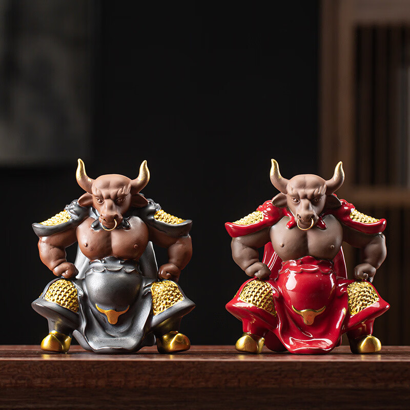 刻羽新中式紫砂茶宠牛魔王牛气冲天摆件客厅桌面装饰品家居吉祥物摆设 牛魔王摆件-红袍
