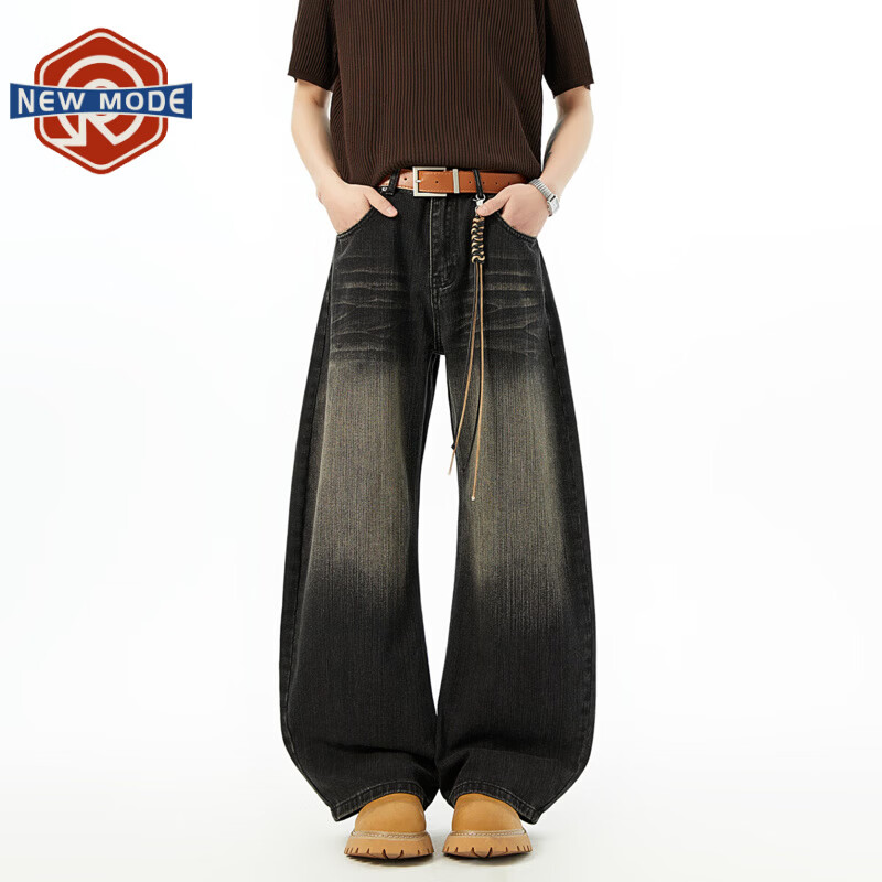 NEW OR MODE美式复古竹节纹弯刀牛仔裤男潮牌新款宽松设计感阔腿休闲直筒长裤 复古黑【高品质】 M 【建议90-110斤】