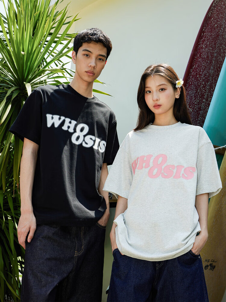 WHOOSIS（不知其名）幻影logo短袖男夏纯色重磅美式多巴胺情侣上衣女T恤 灰色 XL （现货）