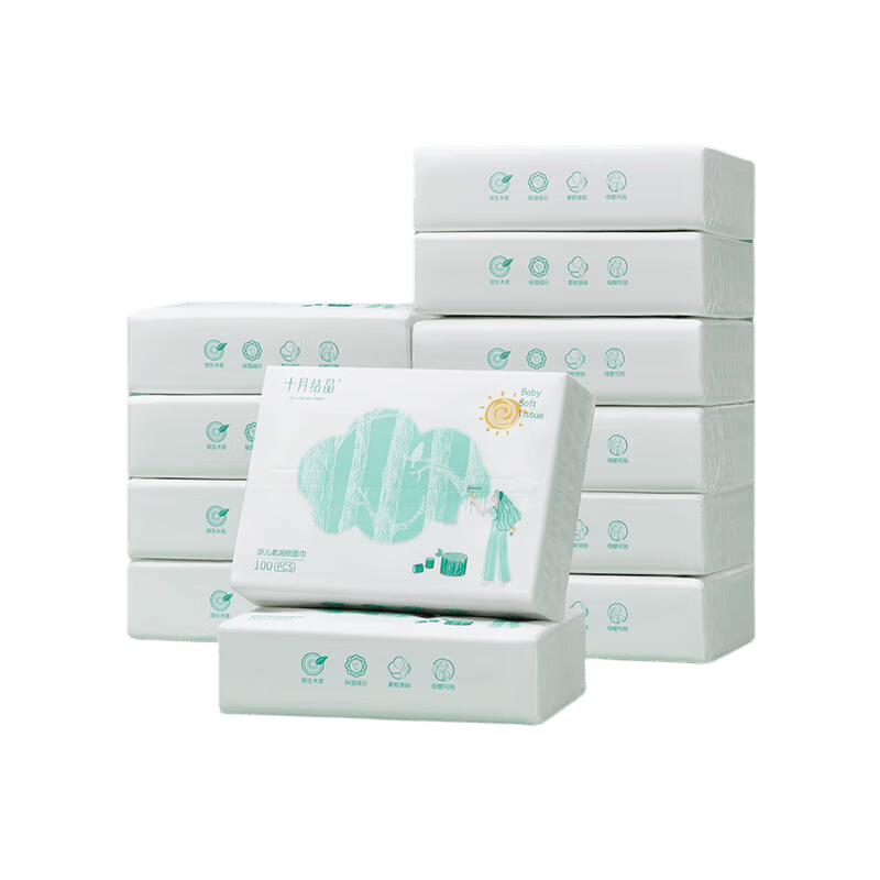 十月结晶婴儿云柔巾 100抽*12包新生儿专用乳霜纸添加牛乳精华超柔保湿