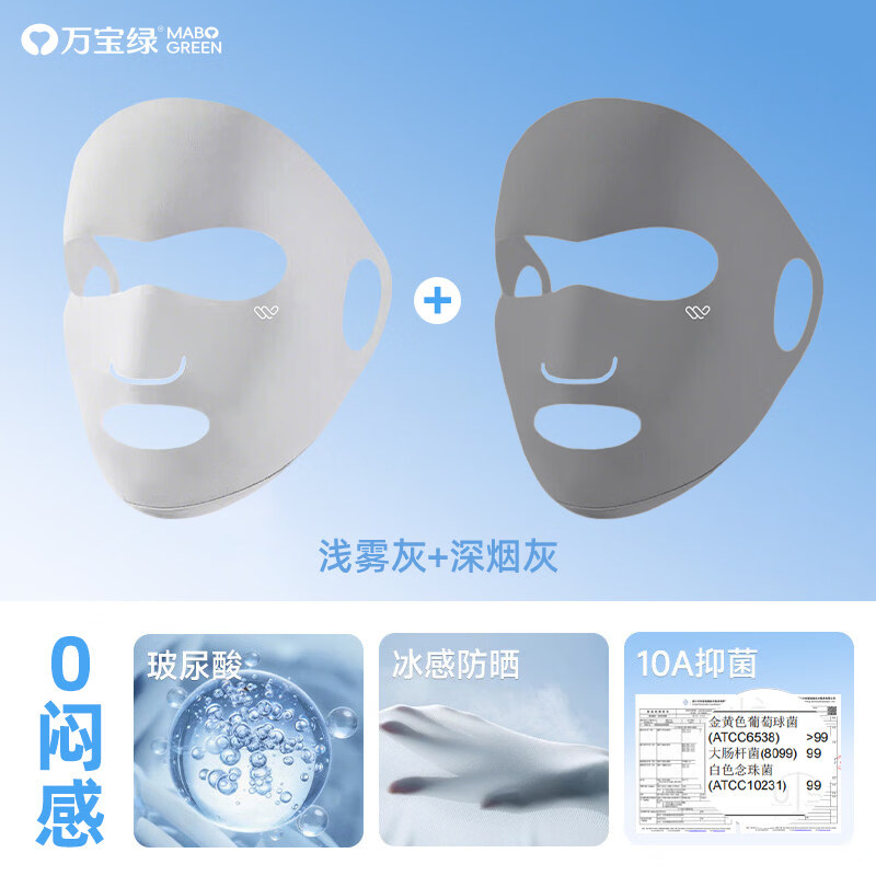万宝绿防晒面罩全脸防紫外线女夏季户外跑步运动骑行专用脸基尼冰丝口罩 换洗装【浅雾灰+深烟灰】冰丝凉感透气 10A抑菌 跑步运动专用 京东折扣/优惠券