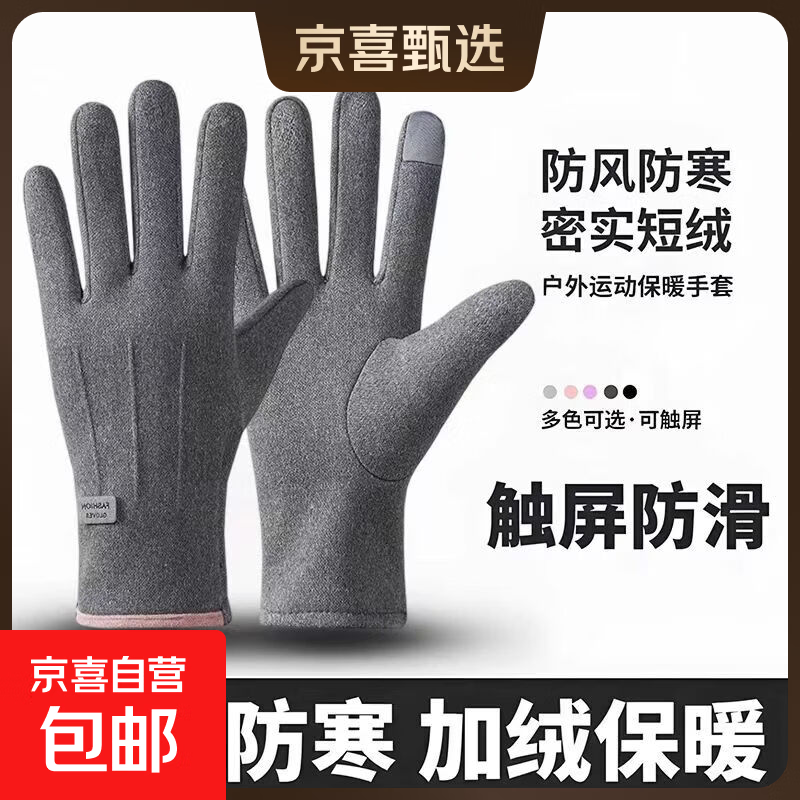 秋冬季手套女加绒加厚户外骑行电车开车防风防寒触屏冬天保暖手套 【女士三线】-灰色 均码