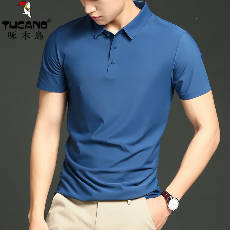 啄木鸟（TUCANO）短袖t恤男高端冰丝无痕夏季男士翻领POLO衫弹力免烫上衣速干半袖 灰蓝 L (170) 建议115-130斤