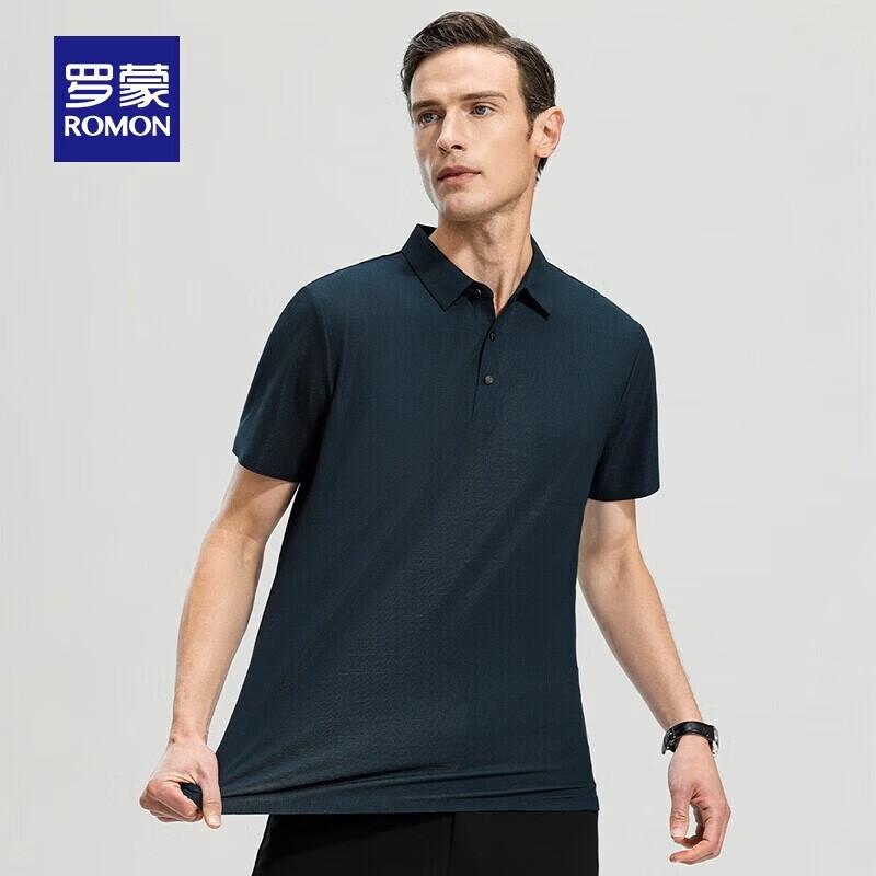 罗蒙(ROMON)高弹华夫格短袖t恤男夏季新款纯色易打理T恤衫中青年翻领上衣 藏青 M 170(建议90-115斤)