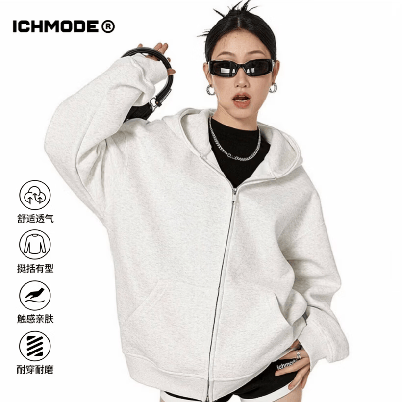 ICH MODE美式卫衣外套女2026春秋最新款宽松连帽开衫慵懒长袖上衣白花灰 M