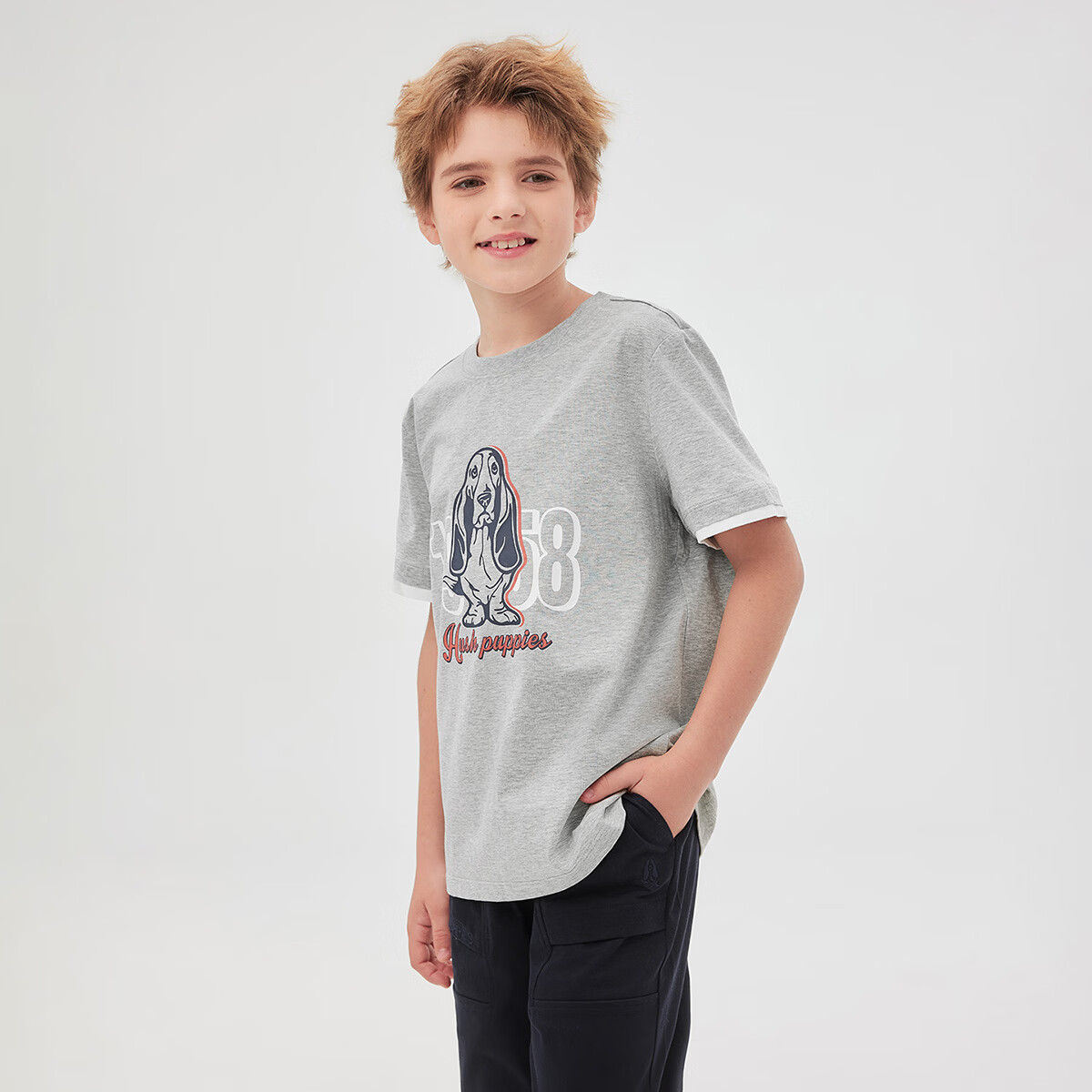 暇步士（Hush Puppies）童装儿童男女童2026春夏新款针织净色假两件圆领衫T恤 花灰 160 cm