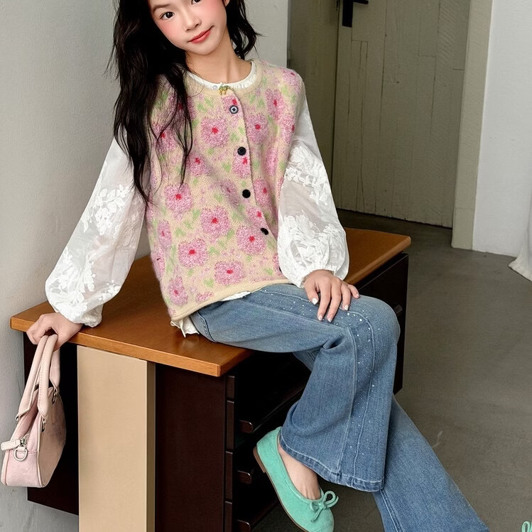 女童毛衣开衫春秋季新款儿童针织马甲两件套 粉色 马甲加衬衫 170