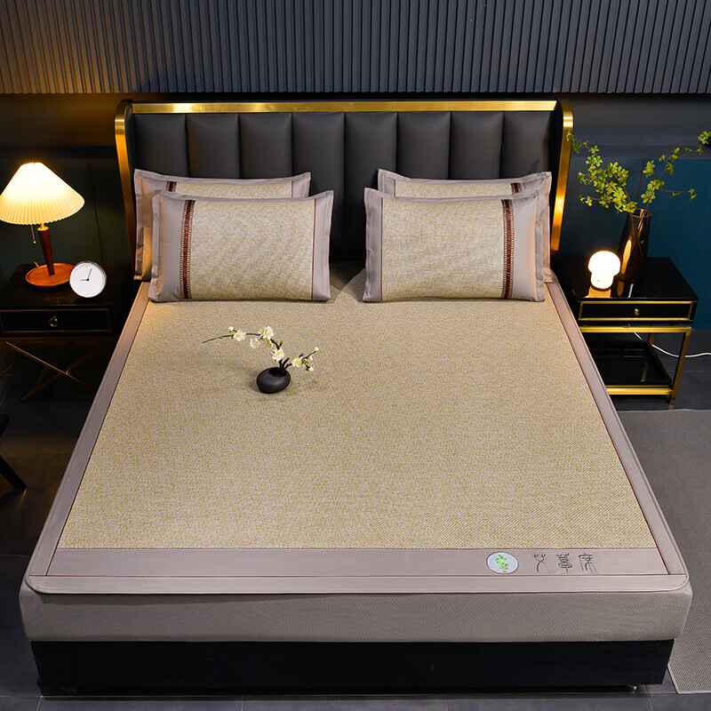 恒源祥藤席凉席A类 夏季冰丝凉感空调加厚凉席1.8米*2米床笠床席套件 亚麻【床笠款】 三件套180cm*200cm【一席二枕套】