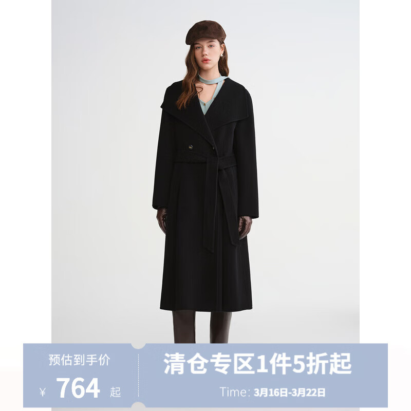 独束大码女装【墨染大衣】重工翻领双排扣羊毛大衣气质百搭呢外套 静谧黑 2XL （尺码：4）