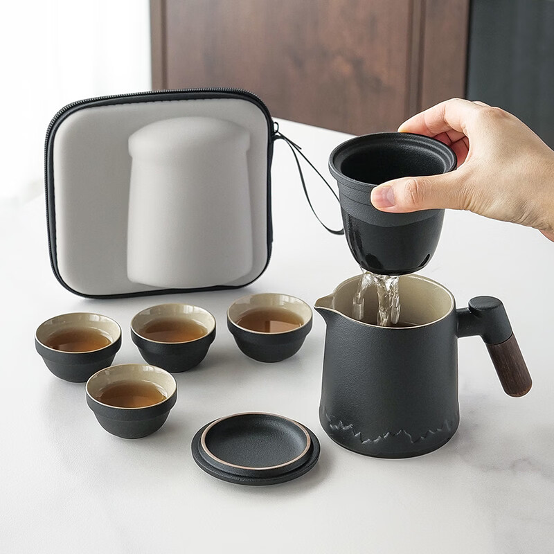 溥畔便携式旅行茶具套装德化陶制 一壶四杯户外露营功夫茶具 清韵一壶四杯[四色]山水之间带罐（黑色）+橙色方