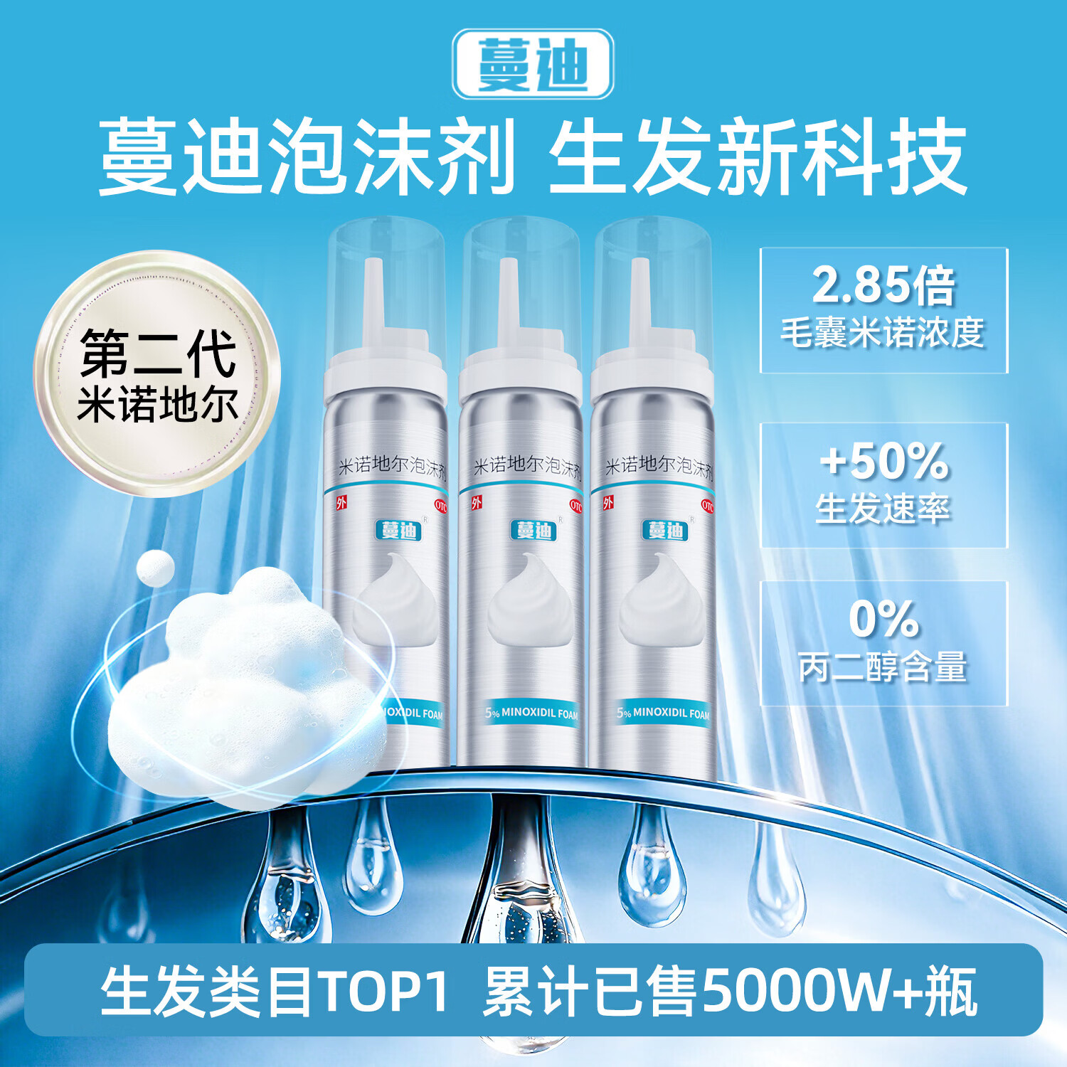 蔓迪【第二代米诺地尔】蔓迪米诺地尔泡沫剂5%(60g:3g)*60g/3瓶/盒生发液用于治疗脱发和斑秃;